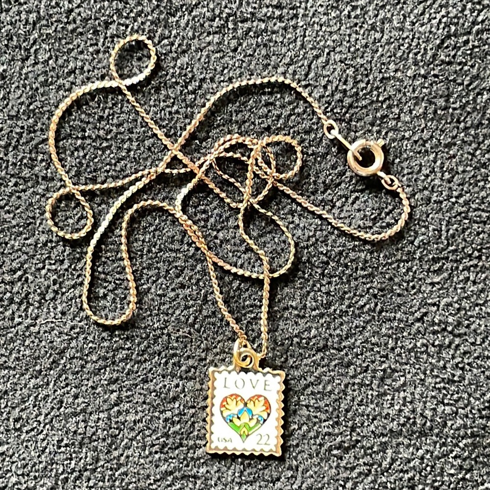 USPS Love 22 cent stamp vintage necklace from the 1987 stamp series.